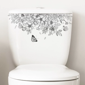Floral butterfly toilet wall sticker in black line art for bathroom decoration