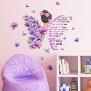 Vinilo decorativo de flores y mariposas con silueta de niña para cuarto infantil