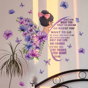 Pegatina de Pared de Niña Flor Mariposa Frase Inspiradora Calcomanía de Vinilo para Dormitorio Infantil Decoración del Hogar