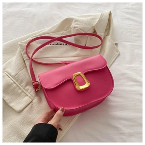 Detail view of pink leather saddle bag with gold horseshoe buckle and thin strap