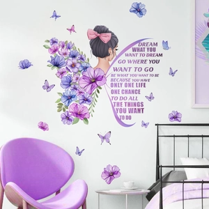 Adhesivo de pared de niña mariposa floral con frases para cuarto de los niños