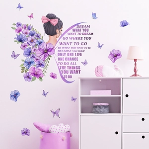 Vinilos decorativos de flores y mariposas para dormitorio con frases motivadoras niña