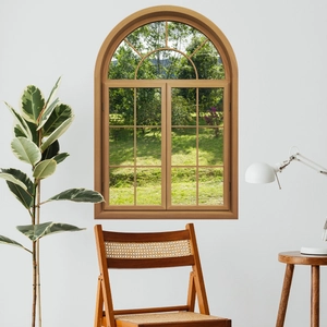Detailansicht eines Holzfenster-Wandtattoos mit realistischer grüner Landschaftsansicht