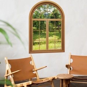 Bogenförmiger Fenster-Wandaufkleber aus Holz mit realistischem Waldpanorama-Motiv