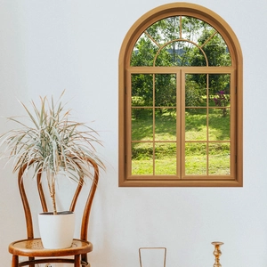 Wandaufkleber mit Holzbogen-Fenster und Gartenblick für eine natürliche Wanddeko