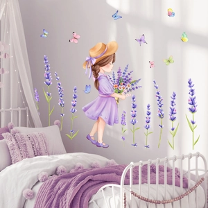 Adesivi murali con bambina, lavanda e farfalle per decorare la camera da letto