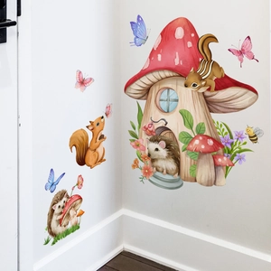 Artistic watercolor wall stickers featuring hedgehog and squirrel in a kids room