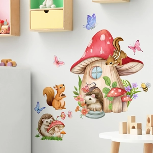 Whimsical forest animal wall decals featuring hedgehog and squirrel in nursery