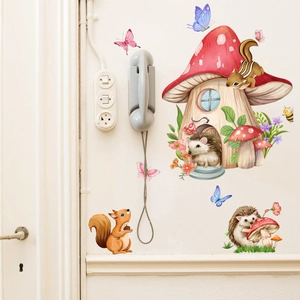 Detail of cartoon hedgehog and mushroom house wall stickers in a kids' room scene