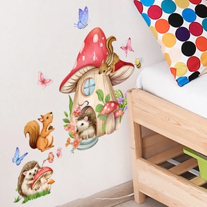 Cartoon forest wall stickers with hedgehog and squirrel decor in a cozy kids room