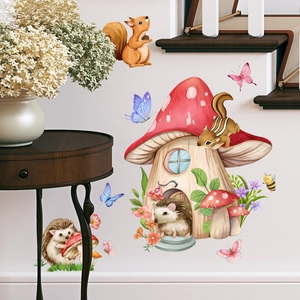 Cartoon forest animal wall stickers with hedgehog squirrel and mushroom house for kids room
