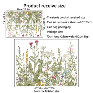 Floral wall stickers featuring hand-painted wildflowers with dimensions for home decor