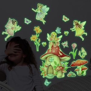 Glow in the dark fairy mushroom house and butterfly wall stickers for bedroom decoration