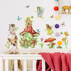 Detailed view of glow in the dark fairy and mushroom house wall stickers in nursery