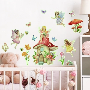 Luminous fairy mushroom house wall stickers set for children's room decor with butterflies