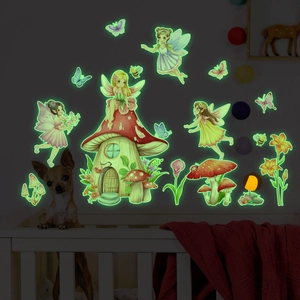 Luminous fairy and mushroom house wall stickers glowing in the dark for bedroom decor