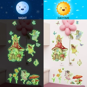 Luminous fairy mushroom house wall decals showing glow in dark and daytime effect