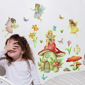 Luminous fairy garden wall stickers with glowing mushroom house and colorful butterflies