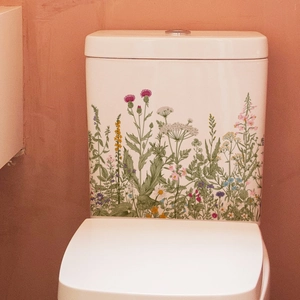 Floral watercolor toilet tank stickers featuring foxglove and bluebell flowers
