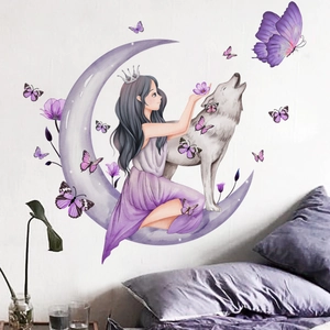 Girl and wolf on purple moon wall sticker with butterflies for kids bedroom decor