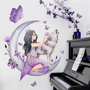 Girl on crescent moon with wolf and purple butterflies wall stickers for bedroom