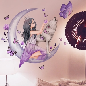 Fairy tale wall decal with girl on purple moon and grey wolf for bedroom decor
