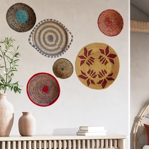 6-piece set of Bohemian hand-woven seagrass wall baskets with geometric patterns