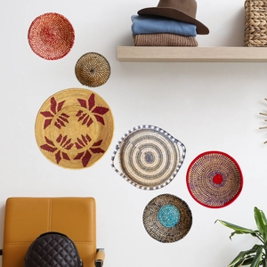 Detailed view of 6-piece woven basket wall decor set in various geometric patterns