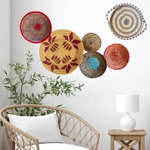 6-piece woven seagrass wall decor set with colorful bohemian geometric patterns