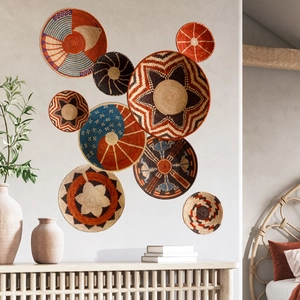 Set of 9 woven seagrass wall baskets with bohemian ethnic patterns for home decoration