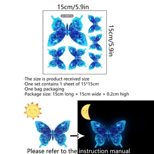 Lichtgevende blauwe vlinder muurstickers met dag- en nachtweergave voor decoratie