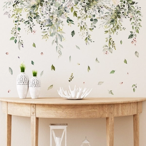 Stickers muraux 3D aquarelle avec feuilles vertes et fleurs pour salon élégant