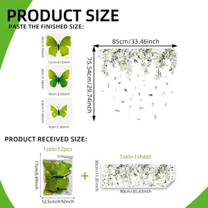 Size guide for 3D green butterfly and floral wall decals with dimensions in cm and inches
