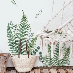 Green fern and round leaf wall stickers set for minimalist Nordic home interior decoration