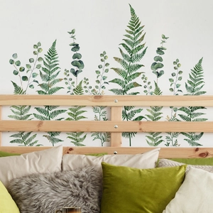 Self-adhesive green leaf wall stickers with watercolor ferns and eucalyptus for bedroom