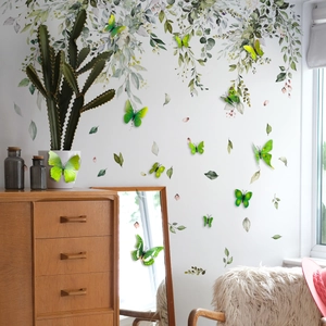 3D green butterfly wall stickers with watercolor leaf decals for living room wall decor
