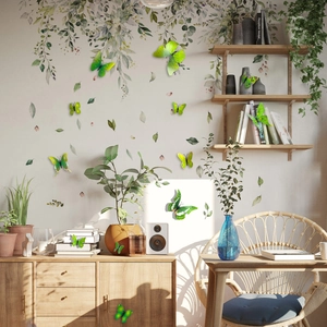 3D green butterfly wall decals displayed on furniture and walls in a cozy living room