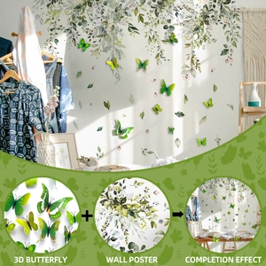 Detail showing 3D butterfly wall stickers and watercolor leaf decals for home decoration