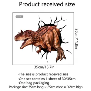 3D dinosaur wall sticker size chart showing 30x35cm dimensions and packaging details