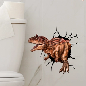 3D realistic dinosaur wall sticker breaking through bathroom tiles next to a toilet