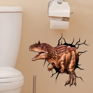 3D realistic Carnotaurus dinosaur wall sticker with cracked wall effect for bathroom decor