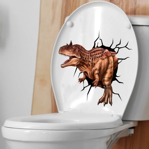 3D realistic Carnotaurus dinosaur wall sticker emerging from a cracked toilet seat cover