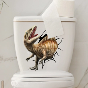 Detailed close-up of a 3D dinosaur toilet sticker with creative cracked effect