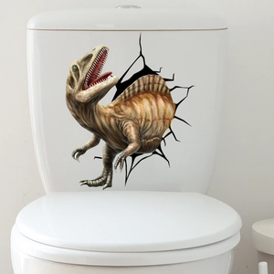 Detailed 3D visual of a dinosaur wall decal bursting through a white bathroom wall