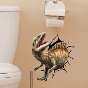 Detail showing 3D dinosaur wall sticker breaking through bathroom tile wall