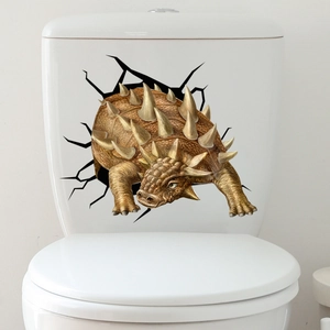 Detailed view of 3D realistic dinosaur wall sticker breaking through a white toilet tank