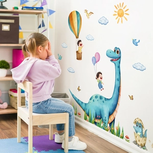 Hand-painted dinosaur and hot air balloon wall stickers for kids room decor