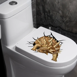 3D wall decal showing a brown ankylosaurus dinosaur breaking through a toilet lid