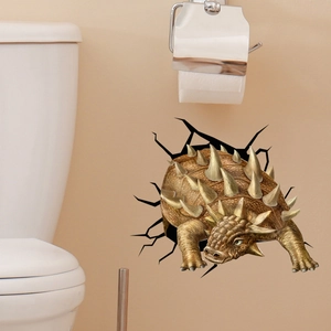 3D ankylosaurus dinosaur wall sticker bursting through bathroom wall crack detail