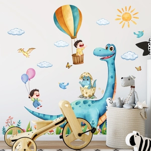 Hand-painted dinosaur and hot air balloon wall decals for kid room decoration